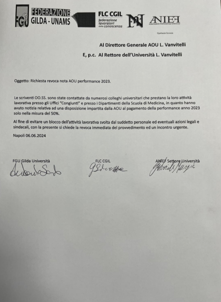 Performance 2023: FGU, CGIL e Anief chiedono la revoca del provvedimento AOU